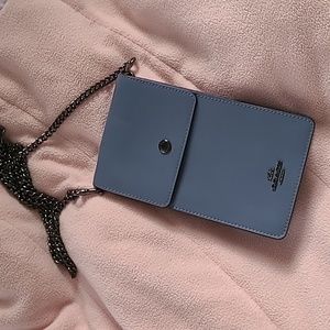 Coach leather crossbody phone purse gunmetal black blue flap snap card holder